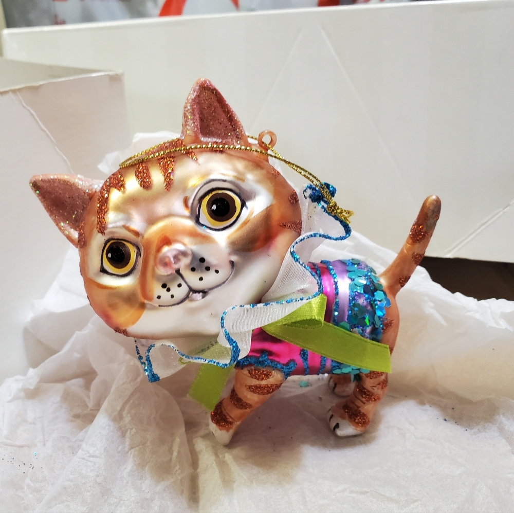 Blown glass fancy tabby cat holiday ornament